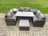 Fimous Rattan Garden Outdoor Furniture 3 PC Love Sofa Set Patio Adjustable Rising lifting Dining Table With 2 Side Tables Big Footstool