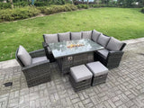 Fimous High Back Rattan Garden Furniture Sets Gas Fire Pit Dining Table Gas Heater Set Corner Sofa Small Footstools Chair 9 Seater
