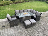 Fimous High Back Rattan Garden Furniture Sets Gas Fire Pit Dining Table Gas Heater Set Corner Sofa Small Footstools Chair 9 Seater