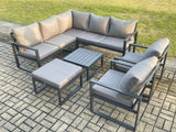 Fimous Outdoor Garden Furniture Set Aluminium Lounge Sofa Square Coffee Table Sets with 2 Pcs Chair Big Footstool Indoor Conservatory Set Dark Grey