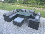 Fimous Outdoor Garden Furniture Rattan Lounge Sofa Set Patio Rectangular Dining Table with 2 Armchair Side Table Big Footstool 9 Seater Dark Grey Mixed
