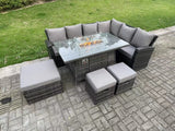 Fimous 9 Seater?Outdoor High Back Rattan Gas Fire Pit Corner Sofa Set Garden Furniture Heater Dining Table Set Footstools Dark Grey Mixed Right Hand