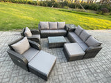 Fimous 10 Seater Rattan Outdoor Garden Furniture Sofa Set Patio Table & Chairs Set with 3 Seater Sofa Reclining Chair 2 Big Footstool 3 Seater Sofa Side Table Dark Grey Mixed