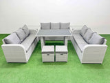 Fimous Patio Garden Furniture Sets with Black Glass Top Dining Table 3 Seater Sofa 2 Side Tables 2 Small Stool Light Grey