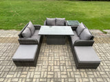 Fimous Rattan Garden Outdoor Furniture 3 PC Love Sofa Set Patio Adjustable Rising lifting Dining Table With Side Table 2 Big Footstool