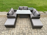 Fimous Rattan Garden Outdoor Furniture 3 PC Love Sofa Set Patio Adjustable Rising lifting Dining Table With Side Table 2 Big Footstool