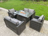 Fimous Rattan Outdoor Furniture Gas Fire Pit Rectangle Dining Table Gas Heater Adjustable Reclining Chairs Love Sofa Sets 6 Seater