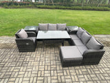 Fimous 8 Seater Rattan Garden Furniture Set Oblong Rectangular Dining Table and Chairs Set with 3 Seater Sofa 2 Side Tables Big Footstool Dark Grey Mixed
