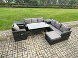 Fimous 8 Seater Rattan Garden Furniture Set Oblong Rectangular Dining Table and Chairs Set with 3 Seater Sofa 2 Side Tables Big Footstool Dark Grey Mixed