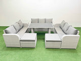 Fimous Patio Garden Furniture Sets with Black Glass Top Dining Table 3 Seater Sofa Side Table 2 Big Stool Light Grey