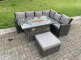 Fimous 7 Seater?Outdoor High Back Rattan Gas Fire Pit Corner Sofa Dining Set Garden Furniture Heater Dining Table Dark Grey Mixed Right Side
