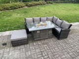 Fimous 7 Seater?Outdoor High Back Rattan Gas Fire Pit Corner Sofa Dining Set Garden Furniture Heater Dining Table Dark Grey Mixed Right Side