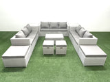 Fimous 10 Pieces Rattan Garden Furniture Set Outdoor Garden Sofa Coffee Table Set with 2 Side Tables 4 Footstools Light Grey Mixed