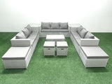 Fimous 10 Pieces Rattan Garden Furniture Set Outdoor Garden Sofa Coffee Table Set with 2 Side Tables 4 Footstools Light Grey Mixed