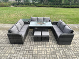 Fimous Rattan Furniture Garden Dining Set Gas Fire Pit Table With Side Table Lounge Sofa 2 Small Footstools Dark Grey Mixed