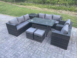 Fimous Outdoor Garden Furniture Rattan Lounge Sofa Set Patio Rectangular Dining Table with 2 Armchair Side Table 2 Small Footstool 10 Seater Dark Grey Mixed