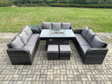 Fimous Rattan Furniture Garden Dining Set Gas Fire Pit Table With Side Table Lounge Sofa 2 Small Footstools Dark Grey Mixed
