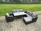 Fimous 8 Seater Rattan Garden Furniture Set Oblong Rectangular Dining Table and Chairs Set with 3 Seater Sofa Big Footstool Dark Grey Mixed