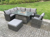 Fimous 8 Seater?Outdoor Rattan Gas Fire Pit Sofa Dining Set Garden Furniture Heater Dining Table Chair Dark Grey Mixed Left Side