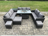 Fimous Outdoor Rattan Furniture Garden Dining Set Gas Fire Pit Table With Side Table Lounge Sofa 3 Footstool