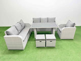 Fimous Rattan Garden Furniture Dining Set 9 seater Patio Rectangular Table Sofa Set with 2 Small Stools Light Grey