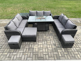 Fimous Outdoor Rattan Furniture Garden Dining Set Gas Fire Pit Table With Side Table Lounge Sofa 3 Footstool