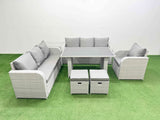 Fimous Rattan Garden Furniture Dining Set 9 seater Patio Rectangular Table Sofa Set with Side Table 2 Small Stools Light Grey