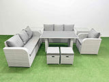 Fimous Rattan Garden Furniture Dining Set 9 seater Patio Rectangular Table Sofa Set with 2 Side Tables 2 Small Stools Light Grey