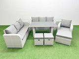 Fimous Rattan Garden Furniture Dining Set 10 seater Patio Rectangular Table Sofa Set with 2 Side Tables 3 Stools Light Grey
