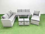 Fimous Rattan Garden Furniture Dining Set 10 seater Patio Rectangular Table Sofa Set with Side Table 3 Stools Light Grey