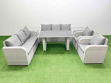 Fimous 8 Seater Wicker PE Rattan Furniture Outdoor Dining Table 3 Seater Sofa Reclining Chair Set with 2 Side Tables Light Grey