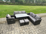 Fimous 9 Seater Lounge Rattan Sofa Set Outdoor Garden Furniture Oblong Rectangular Dining Table With Adjustable Chair 2 Small Footstools Dark Grey Mixed