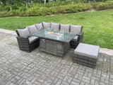 Fimous 7 Seater?Outdoor High Back Rattan Gas Fire Pit Corner Sofa Dining Set Garden Furniture Heater Dining Table Dark Grey Mixed Left Side