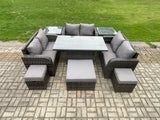 Fimous Rattan Garden Outdoor Furniture 3 PC Love Sofa Set Adjustable Rising lifting Dining Table With 2 Side Tables 3 Footstools