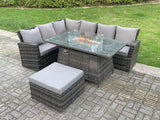Fimous 7 Seater?Outdoor High Back Rattan Gas Fire Pit Corner Sofa Dining Set Garden Furniture Heater Dining Table Dark Grey Mixed Left Side