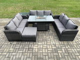 Fimous Rattan Furniture Garden Dining Set Gas Fire Pit Table With Side Table 3 Seater Sofa Footstool Dark Grey Mixed