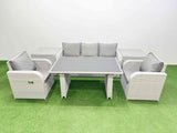 Fimous Outdoor Rattan Garden Furniture Dining Set 5 seater Patio Rectangular Table 3 Seater Sofa Reclining Chair Set with 2 Side Tables