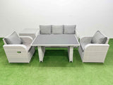 Fimous Outdoor Rattan Garden Furniture Dining Set 5 seater Patio Rectangular Table 3 Seater Sofa Reclining Chair Set with Side Table