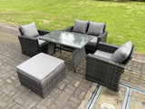 Fimous 5 Seater Outdoor Dark Grey Mixed High Back Rattan Sofa Dining Table Set Garden Furniture Big Footstool