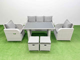 Fimous Outdoor Rattan Garden Furniture Dining Set 7 seater Patio Rectangular Table 3 Seater Sofa Reclining Chair Set with 2 Small Stools