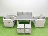 Fimous Outdoor Rattan Garden Furniture Dining Set 7 seater Patio Rectangular Table 3 Seater Sofa Reclining Chair Set with Side Table 2 Small Stools