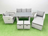 Fimous Outdoor Rattan Garden Furniture Dining Set 8 seater Patio Rectangular Table 3 Seater Sofa Reclining Chair Set with 2 Side Tables 3 Stools