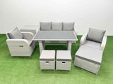 Fimous Outdoor Rattan Garden Furniture Dining Set 8 seater Patio Rectangular Table 3 Seater Sofa Reclining Chair Set with Side Table 3 Stools