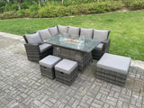 Fimous 9 Seater?Outdoor High Back Rattan Gas Fire Pit Corner Sofa Set Garden Furniture Heater Dining Table Set Footstools Dark Grey Mixed Left Hand