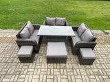 Fimous Rattan Garden Outdoor Furniture 3 PC Love Sofa Set Adjustable Rising lifting Dining Table With 3 Footstools