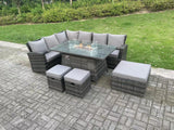 Fimous 9 Seater?Outdoor High Back Rattan Gas Fire Pit Corner Sofa Set Garden Furniture Heater Dining Table Set Footstools Dark Grey Mixed Left Hand