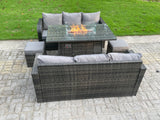Fimous Rattan Outdoor Furniture Gas Fire Pit Rectangle Dining Table Gas Heater 3 Seater Lounge Sofa Small Footstools Sets 8 Seater