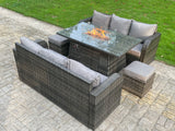 Fimous Rattan Outdoor Furniture Gas Fire Pit Rectangle Dining Table Gas Heater 3 Seater Lounge Sofa Small Footstools Sets 8 Seater