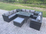 Fimous 9 Seater Outdoor Wicker Garden Furniture Rattan Lounge Sofa Set Patio Rectangular Dining Table with 2 Armchair 2 Side Table Stool Dark Grey Mixed