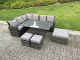 Fimous 9 Seater High Back?Outdoor Rattan Adjustable Rising Lifting Dining Table Corner Sofa Set Garden Furniture Footstools Dark Grey Mixed Left Hand